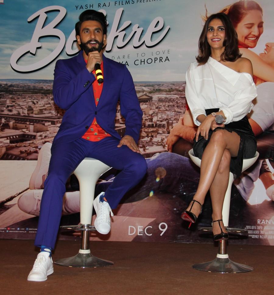 Photos of Actors Ranveer Singh and Vaani Kapoor during the song launch You And Me from film Befikre in Mumbai, on Nov 15, 2016. Ranveer Singh,Vaani Kapoor,Ranveer Singh and Vaani Kapoor,Befikre song launch,Befikre song,Befikre songs,Befikre song launch pics,Befikre song launch images,Befikre song launch photos,Befikre song launch stills,Befikre song launch pictures