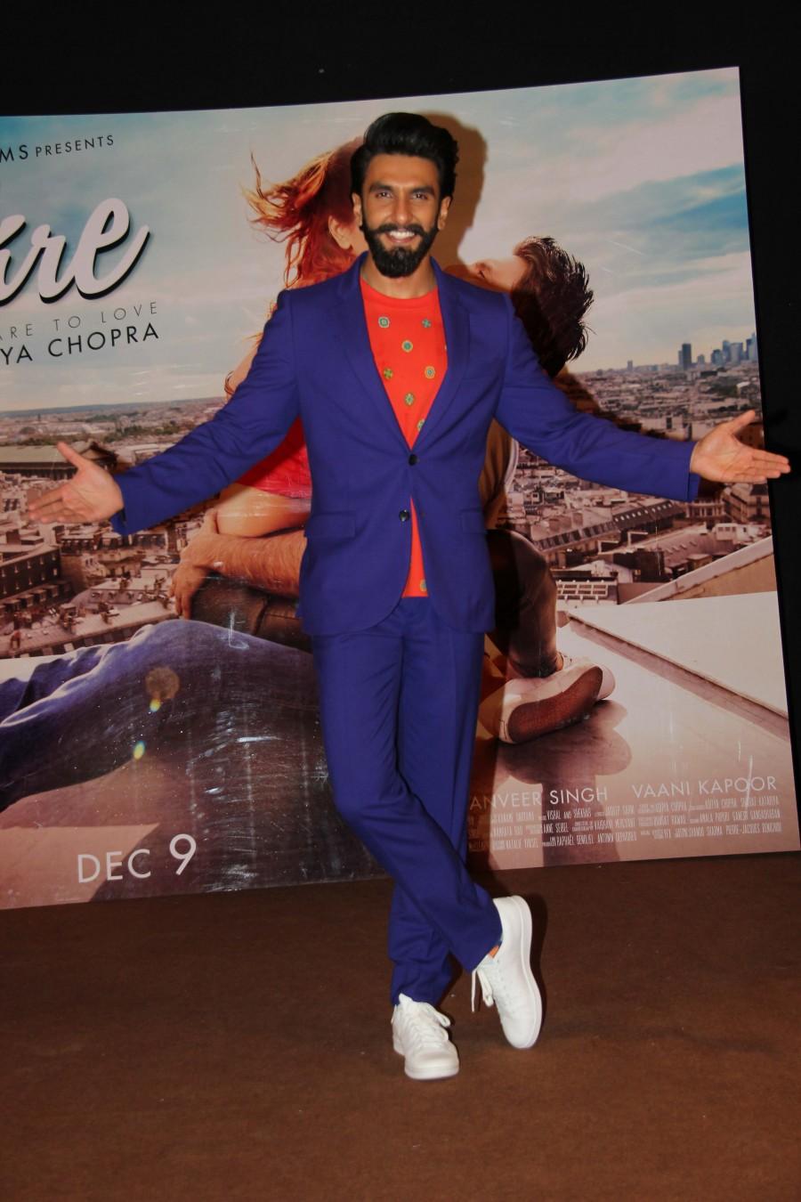Photos of Actors Ranveer Singh during the song launch You And Me from film Befikre in Mumbai, on Nov 15, 2016. Ranveer Singh,Vaani Kapoor,Ranveer Singh and Vaani Kapoor,Befikre song launch,Befikre song,Befikre songs,Befikre song launch pics,Befikre song launch images,Befikre song launch photos,Befikre song launch stills,Befikre song launch pictures