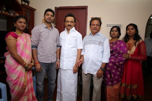 Tamil Actor Vasu Vikram's Daughter Vasugi and Mithun Karthick wedding reception held at Chennai. Celebs like MK Stalin, Vivek, Radha Ravi, KS Ravikumar, Soori, Durga Stalin, MS Baskar, Radhika, SP Muthuraman, Vikraman, Nassar, Ponvannan and others graced the event.