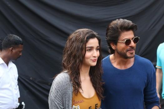 Photos of Bollywood actor Shah Rukh Khan and Alia Bhatt spotted at Mehboob studios for Dear Zindagi promotions in Mumbai on Nov 16, 2016.