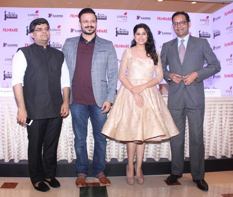 Photos of Bollywood actors Vivek Oberoi, Sai Tamhankar and Anuj Poddar, Business Head, Viacom 18 Media Private Limited during the press conference of Filmfare Awards Marathi in Mumbai on Nov 16, 2016. Vivek Oberoi,Sai Tamhankar,Anuj Poddar,Filmfare Awards,Marathi Filmfare Awards,Filmfare Awards Marathi,Press conference of Filmfare Awards Marathi,Press conference of Filmfare Awards