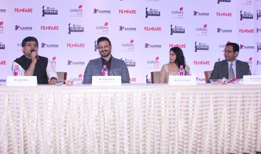 Photos of Bollywood actors Vivek Oberoi, Sai Tamhankar and Anuj Poddar, Business Head, Viacom 18 Media Private Limited during the press conference of Filmfare Awards Marathi in Mumbai on Nov 16, 2016. Vivek Oberoi,Sai Tamhankar,Anuj Poddar,Filmfare Awards,Marathi Filmfare Awards,Filmfare Awards Marathi,Press conference of Filmfare Awards Marathi,Press conference of Filmfare Awards