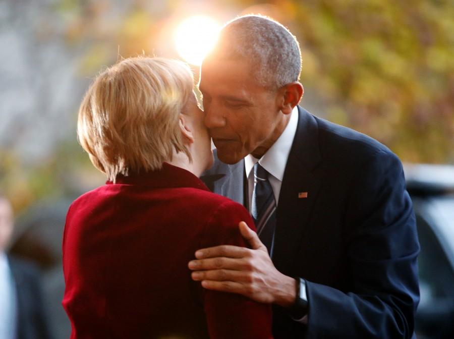 President Barack Obama is welcomed by German Chancellor Angela Merkel upon his arrival at the chancellery in Berlin, Germany. Barack Obama,President Barack Obama,Obama last tour of Europe,Obama in Europe,Donald Trump,Barack Obama's last tour of Europe