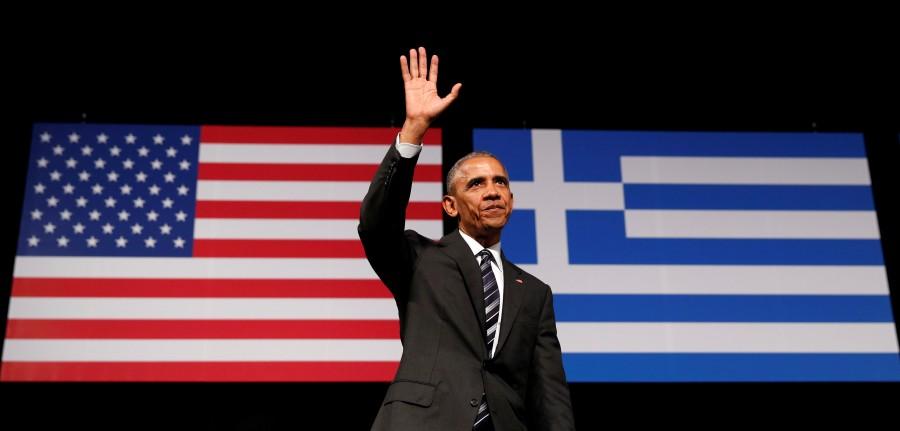 President Barack Obama acknowledges applause after delivering a speech at the Stavros Niarchos Foundation Cultural Center in Athens, Greece. Barack Obama,President Barack Obama,Obama last tour of Europe,Obama in Europe,Donald Trump,Barack Obama's last tour of Europe