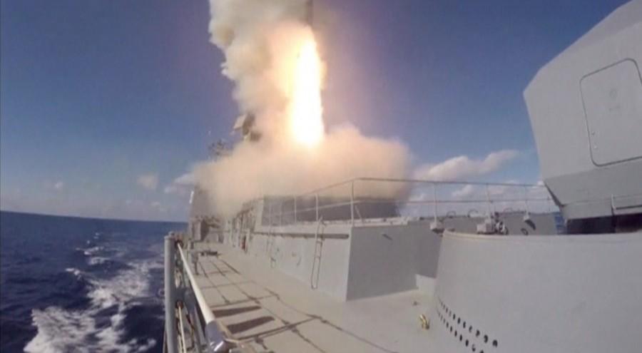 A still image taken from video footage and released by Russia's Defence Ministry shows cruise missiles being launched from Russian Admiral Grigorovich frigate deployed off Syria coast. Russia,Russia resumes strikes against Syria,strikes against Syria,Syria,aircraft