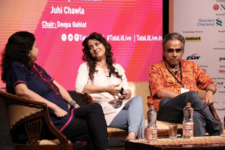 Bollywood actress Juhi Chawla in conversation with Akshay Manwani, author and writer; Shantanu Roy Chaudhuri, Executive Editor at Harper Collins, and Deepa Gahlot, critic and columnist, on 'Music, Masti, Modernity' at Tata Literature Live! The Mumbai LitFest. Juhi Chawla,Akshay Manwani,Shantanu Roy Chaudhuri,Deepa Gahlot,Tata Literature Live,The Mumbai LitFest