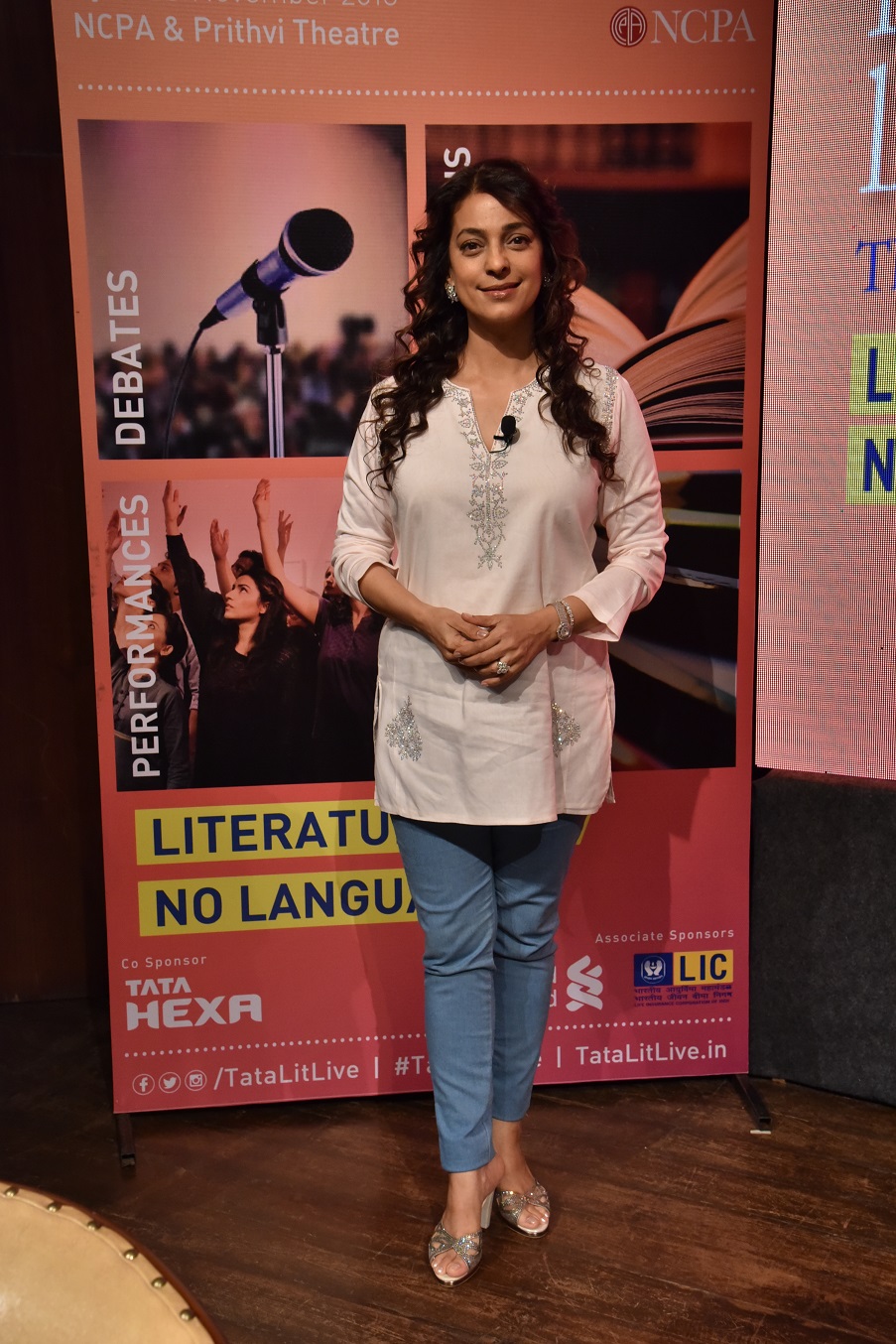 Bollywood actress Juhi Chawla in conversation with Akshay Manwani, author and writer; Shantanu Roy Chaudhuri, Executive Editor at Harper Collins, and Deepa Gahlot, critic and columnist, on 'Music, Masti, Modernity' at Tata Literature Live! The Mumbai LitFest. Juhi Chawla,Akshay Manwani,Shantanu Roy Chaudhuri,Deepa Gahlot,Tata Literature Live,The Mumbai LitFest