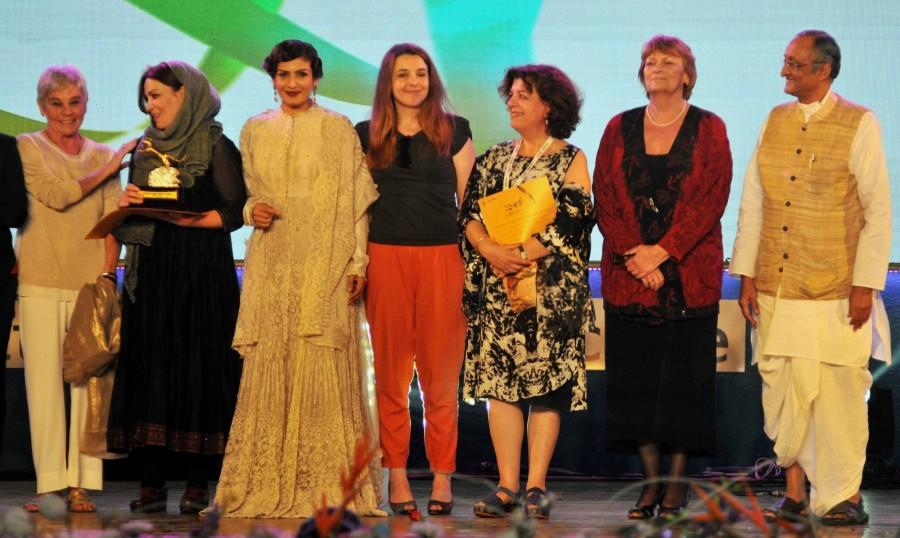 West Bengal Finance minister Amit Mitra, Birla Group chairman Kumar Mangalam Birla and actress Raveena Tandon during the closing ceremony of 22nd Kolkata International Film Festival in Kolkata on Nov 18, 2016. Raveena Tandon,actress Raveena Tandon,closing ceremony of Kolkata International Film Festival,Kolkata International Film Festival,Kolkata International Film Festival closing ceremony,Amit Mitra,Kumar Mangalam Birla