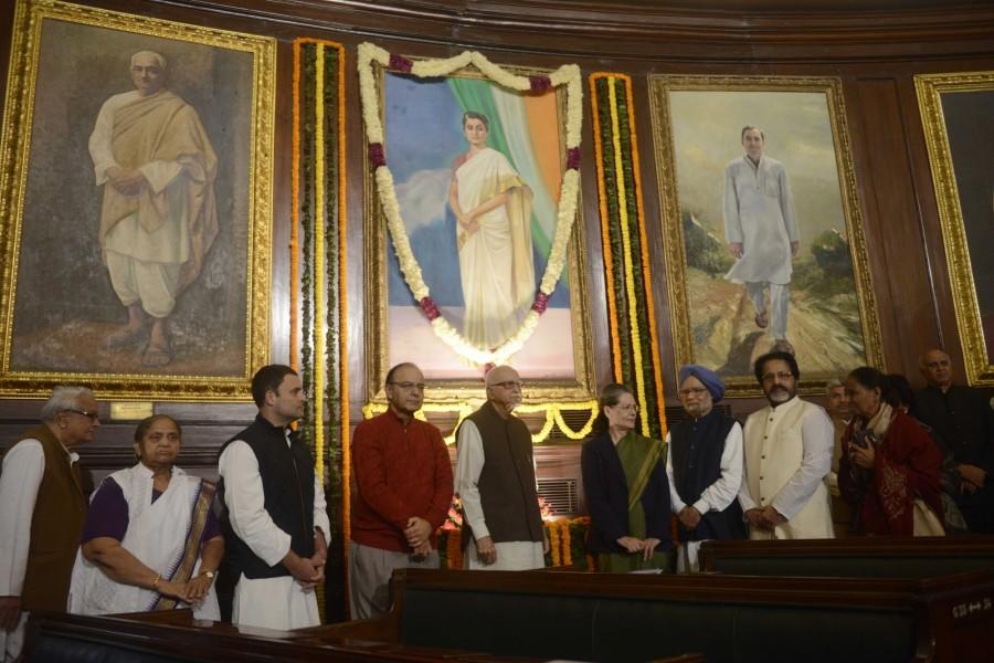 Congress president Sonia Gandhi, former Prime Minister Manmohan Singh, senior BJP leader LK Advani, Union Finance Minister Arun Jaitley, Congress vice president Rahul Gandhi paying tribute to former Prime Minister Indira Gandhi on her birth anniversary at Parliament House on Nov. 19, 2016. Indira Gandhi,Indira Gandhi birthday,former Prime Minister Indira Gandhi,Sonia Gandhi,Manmohan Singh,LK Advani,Arun Jaitley,Rahul Gandhi,Parliament House