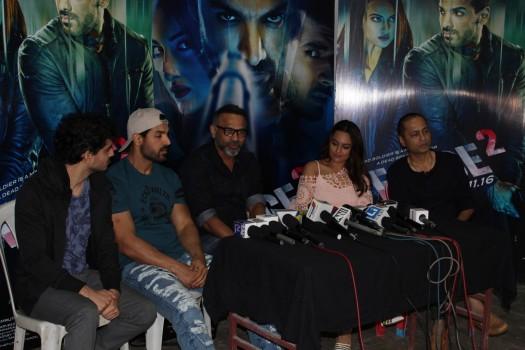 Photos of actors John Abraham, Sonakshi Sinha, Tahir Raj Bhasin, filmmakers Vipul Shah and Abhinay Deo during media interaction of the film Force 2, in Mumbai, on Nov 18, 2016.
