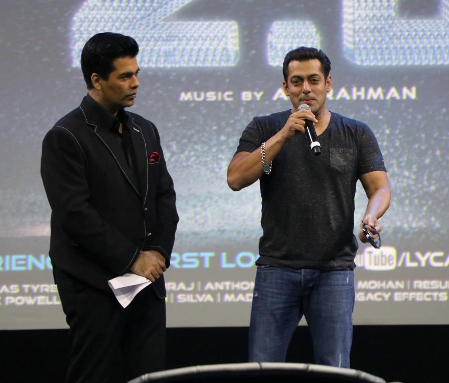 He later asked Karan Johar, the emcee of the event, why he doesn't make films like S. Shankar, the director of "2.o". Thanking Salman for his presence, Rajinikanth said: "If Salman says yes, I'll work with him in a film even tomorrow." Salman Khan at 2.0 first look launch,Salman Khan at 2.0 first look,Salman Khan,actor Salman Khan,2.0 first look launch,2.0 first look