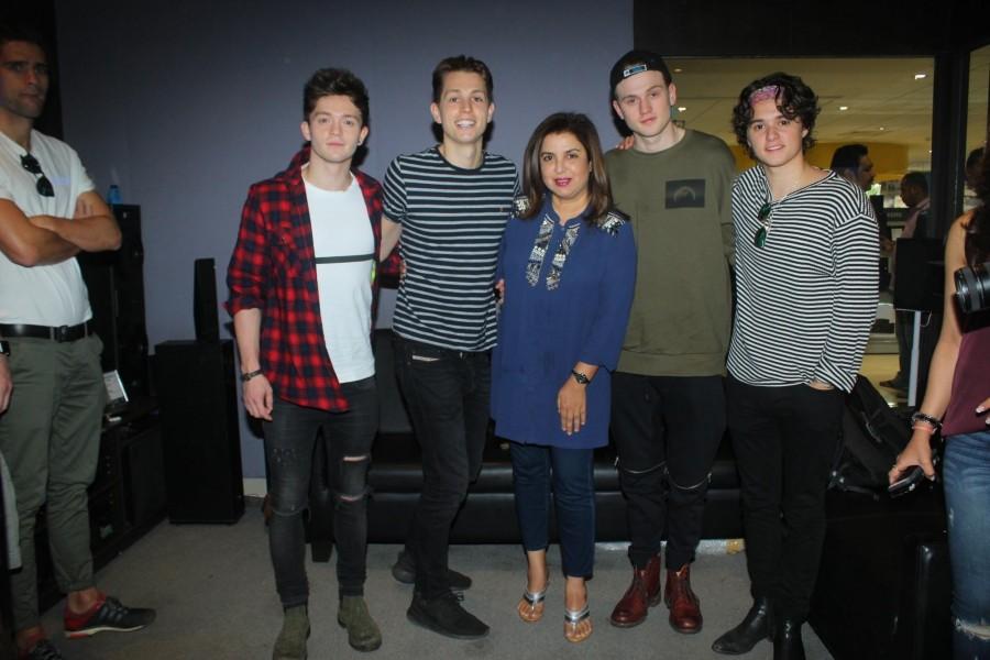 Filmmaker Farah Khan, British band The Vamps members Bradley Simpson, Tristan Evans, James McVey and Connor Ball during a media interaction of a music video, in Mumbai on Nov 19, 2016. British band The Vamps,Farah Khan,Bradley Simpson,Tristan Evans,James McVey,Connor Ball