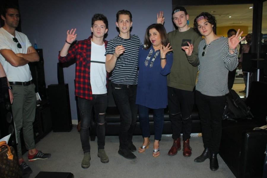 Filmmaker Farah Khan, British band The Vamps members Bradley Simpson, Tristan Evans, James McVey and Connor Ball during a media interaction of a music video, in Mumbai on Nov 19, 2016. British band The Vamps,Farah Khan,Bradley Simpson,Tristan Evans,James McVey,Connor Ball