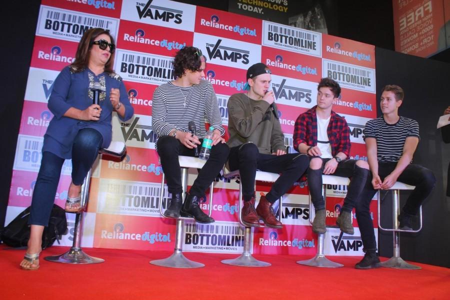 Filmmaker Farah Khan, British band The Vamps members Bradley Simpson, Tristan Evans, James McVey and Connor Ball during a media interaction of a music video, in Mumbai on Nov 19, 2016. British band The Vamps,Farah Khan,Bradley Simpson,Tristan Evans,James McVey,Connor Ball