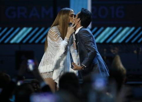 Jennifer Lopez kisses Marc Anthony after she presented him with award honoring him as Latin Recording Academy person of the year at the 17th Annual Latin Grammy Awards in Las Vegas, Nevada, U.S., November 17, 2016.