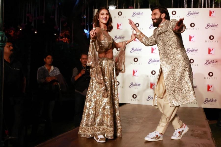 Photos of Actors Ranveer Singh and Vaani Kapoor during the cinema-inspired ethnic wear fashion brand "Divani" fashion show in New Delhi on Nov 23, 2016. Ranveer Singh and Vaani Kapoor,Ranveer Singh,Vaani Kapoor,Divani Fashion Show,Divani Fashion Show event,Ranveer Singh and Vaani Kapoor at Divani Fashion Show,Divani Fashion Show pics,Divani Fashion Show images,Divani Fashion Show photos,Divani Fashion Sho