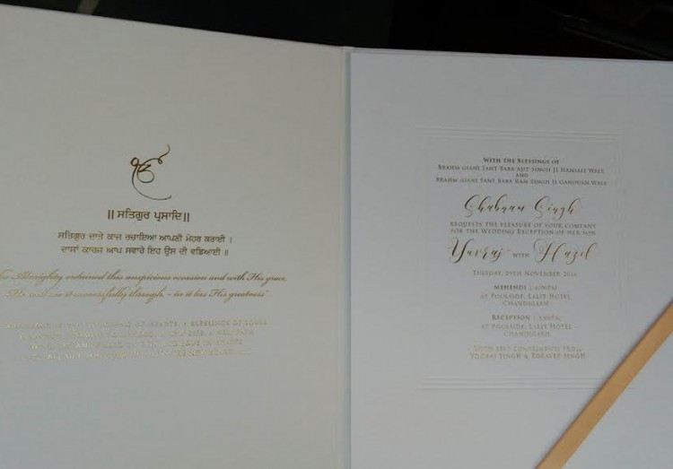 Photos of Yuvraj Singh and Hazel Keech's wedding invitation. Yuvraj Singh and Hazel Keech's wedding,Yuvraj Singh and Hazel Keech's wedding invitation,Yuvraj Singh wedding invitation,Yuvraj Singh wedding,Yuvraj Singh marriage,Yuvraj Singh wedding pics,Yuvraj Singh wedding images,Yuvraj Singh wedding photos