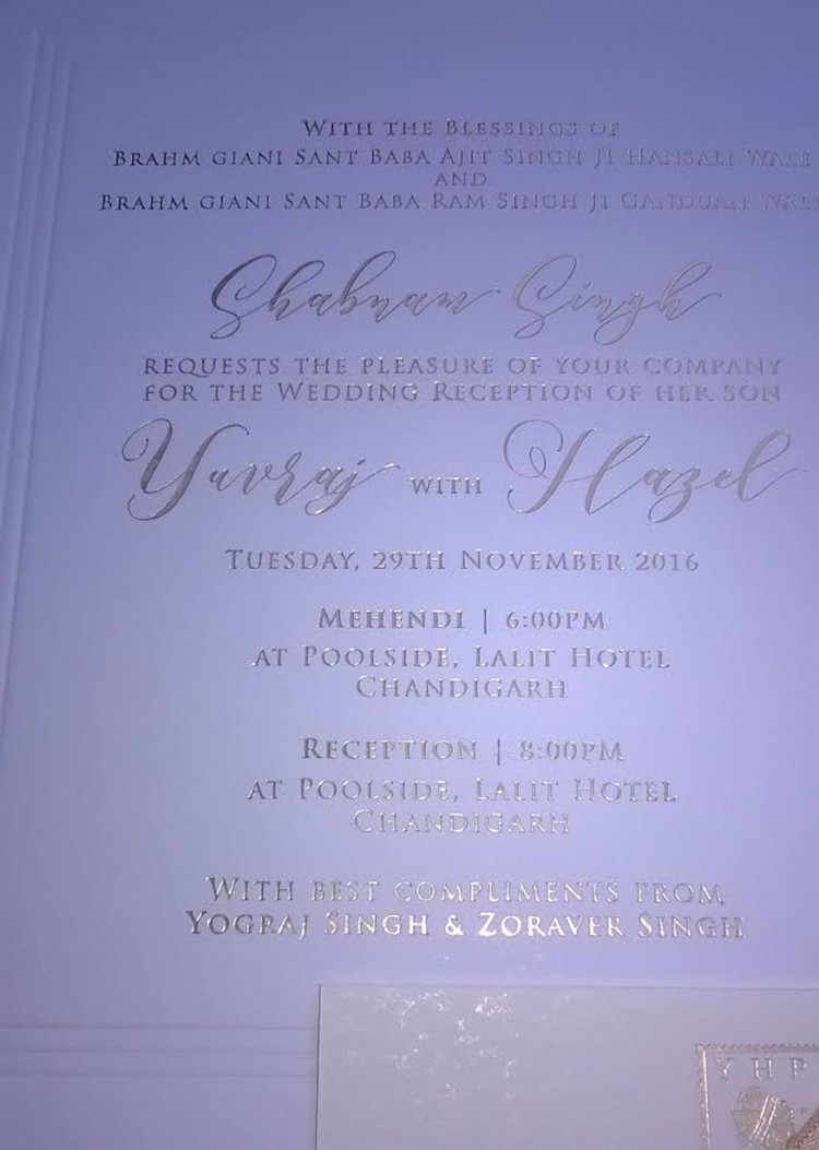 Photos of Yuvraj Singh and Hazel Keech's wedding invitation. Yuvraj Singh and Hazel Keech's wedding,Yuvraj Singh and Hazel Keech's wedding invitation,Yuvraj Singh wedding invitation,Yuvraj Singh wedding,Yuvraj Singh marriage,Yuvraj Singh wedding pics,Yuvraj Singh wedding images,Yuvraj Singh wedding photos