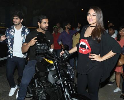 Photos of Bollywood actor John Abraham and actress Sonakshi Sinha promote Force 2 movie.