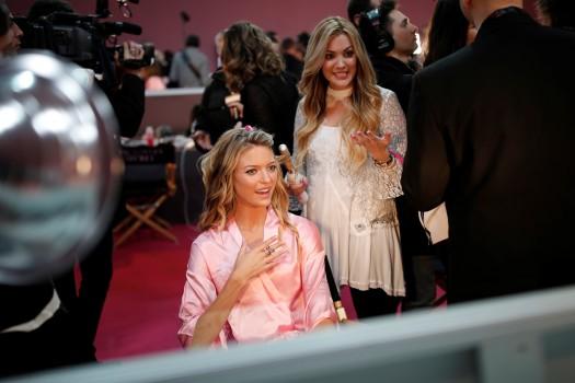 Model Megan Williams gets ready backstage before the Victoria's Secret Fashion Show at the Grand Palais in Paris, France, November 30, 2016.