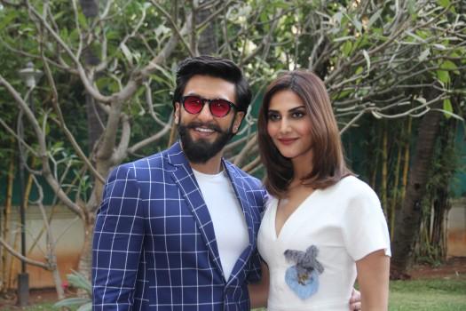 Photos of Bollywood actor Ranveer Singh and Vaani Kapoor promote Befikre at Yash Raj studios.
