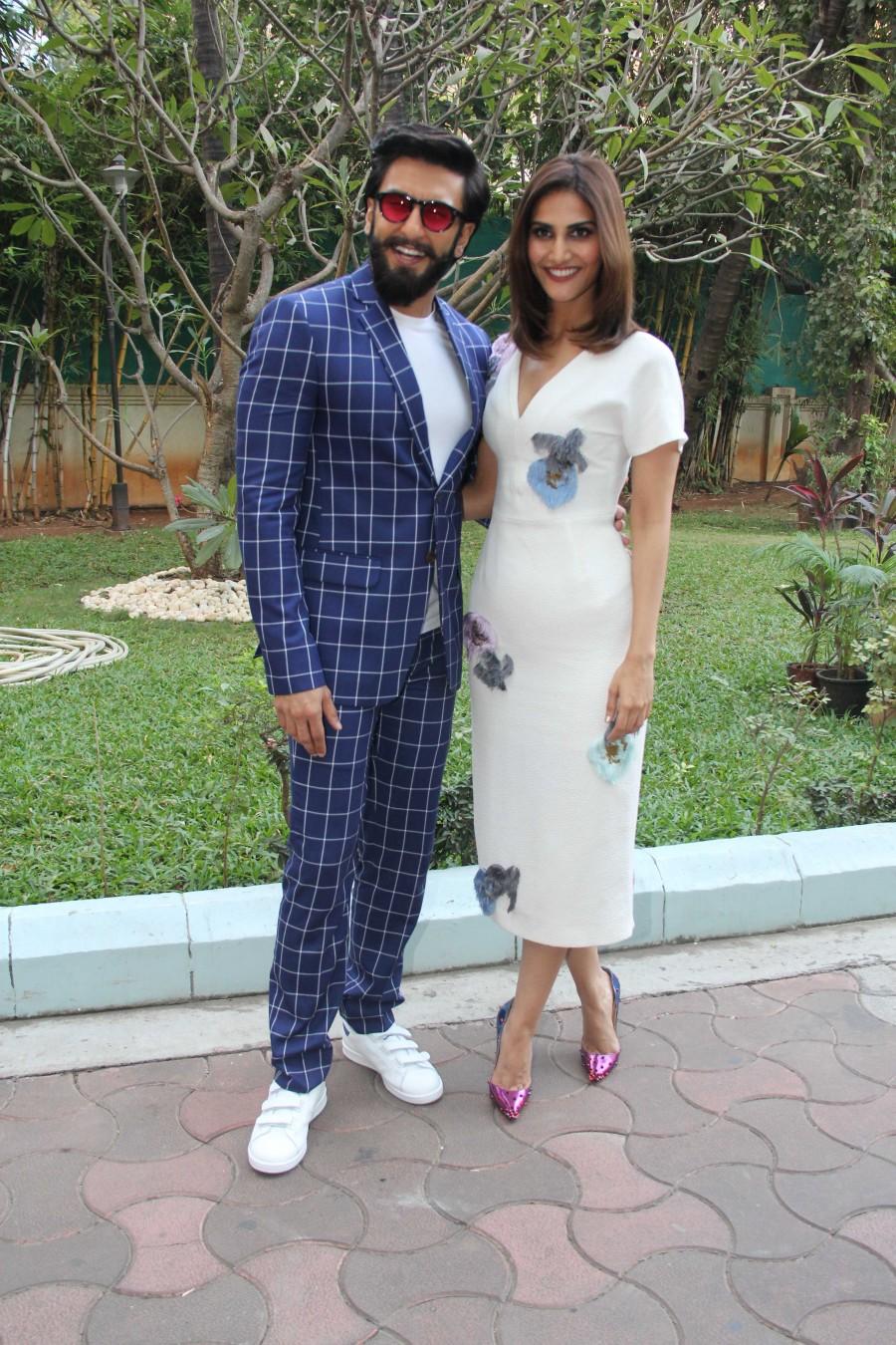 Photos of Bollywood actor Ranveer Singh and Vaani Kapoor promote Befikre at Yash Raj studios. Ranveer Singh and Vaani Kapoor,Ranveer Singh,Vaani Kapoor,Befikre,Befikre promotion,Befikre promotion at Yash Raj studios,Befikre movie promotion at Yash Raj studios,Yash Raj studios