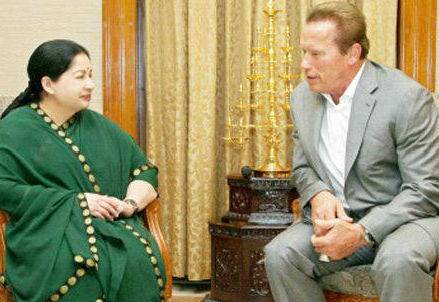 Jayalalithaa with Arnold Schwarzenegger. Jayalalithaa,Ajith,Vijay,Rajinikanth,Kamal Hassan,Suriya,Kamal Haasan