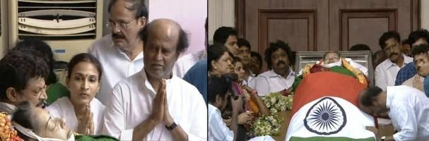 Rajinikanth,Dhanush,Rajinikanth pays last respect to Jayalalithaa,Dhanush pays last respect to CM Jayalalithaa,CM Jayalalithaa,last respect to Jayalalithaa,Jayalalithaa funeral,Jayalalithaa funeral pics