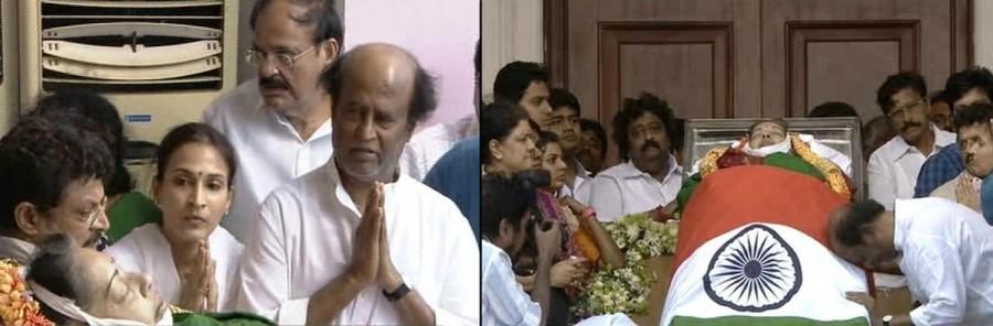Tamil superstar Rajinikanth and popular actors Vijay and Dhanush paid their last respects to Tamil Nadu Chief Minister J. Jayalalithaa who died here on Monday night. Rajinikanth paid his respects with his wife and daughters. Rajinikanth,Dhanush,Rajinikanth pays last respect to Jayalalithaa,Dhanush pays last respect to CM Jayalalithaa,CM Jayalalithaa,last respect to Jayalalithaa,Jayalalithaa funeral,Jayalalithaa funeral pics