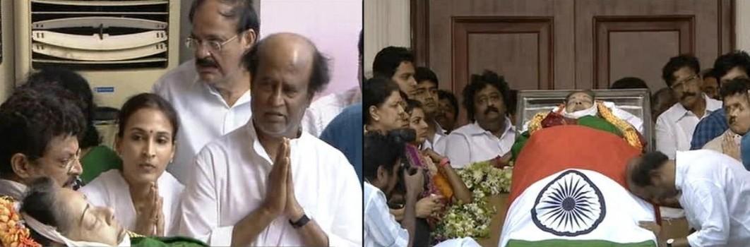 Tamil superstar Rajinikanth and popular actors Vijay and Dhanush paid their last respects to Tamil Nadu Chief Minister J. Jayalalithaa who died here on Monday night. Rajinikanth paid his respects with his wife and daughters.