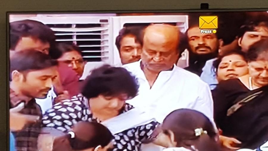 Tamil superstar Rajinikanth and popular actors Vijay and Dhanush paid their last respects to Tamil Nadu Chief Minister J. Jayalalithaa who died here on Monday night. Rajinikanth paid his respects with his wife and daughters. Rajinikanth,Dhanush,Rajinikanth pays last respect to Jayalalithaa,Dhanush pays last respect to CM Jayalalithaa,CM Jayalalithaa,last respect to Jayalalithaa,Jayalalithaa funeral,Jayalalithaa funeral pics