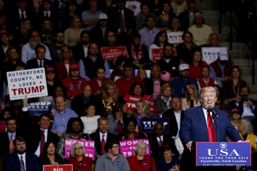 U.S. President-elect Donald Trump speaks at a USA Thank You Tour event at Crown Coliseum in Fayetteville, North Carolina, U.S., December 6, 2016. Donald Trump,Donald Trump Thank You,Donald Trump Thank You tour,Donald Trump's Thank You Tour,USA Thank You Tour 2016,USA Thank You Tour,U.S. President-elect Donald Trump