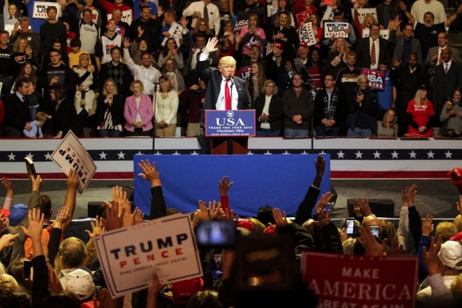 U.S. President-elect Donald Trump speaks at a rally as part of their "USA Thank You Tour 2016" in Cincinnati, Ohio, December 1, 2016. Donald Trump,Donald Trump Thank You,Donald Trump Thank You tour,Donald Trump's Thank You Tour,USA Thank You Tour 2016,USA Thank You Tour,U.S. President-elect Donald Trump