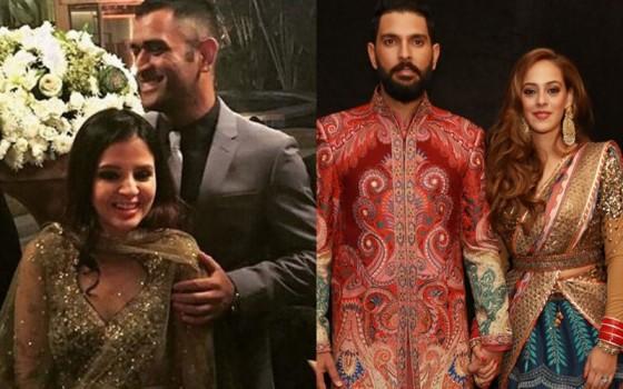 MS Dhoni and his wife Sakshi Rawat, Harbhajan Singh and his wife Geeta Basra, Sourav Ganguly attend Yuvraj Singh and Hazel Keech's wedding reception.
