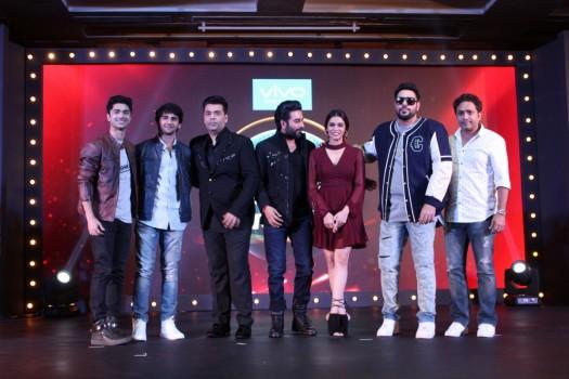 Punjabi singers Jumbo, Jutts, filmmaker Karan Johar, music composer Shekhar Ravjiani, singer Shalmali Kholgade, and Rapp singer Badshah and Ranjeet Thakur, Founder, Frames Productions during launch of new reality show of Dil Hai Hindustani on the TV channel Star Plus in Mumbai, on Dec 6, 2016.
