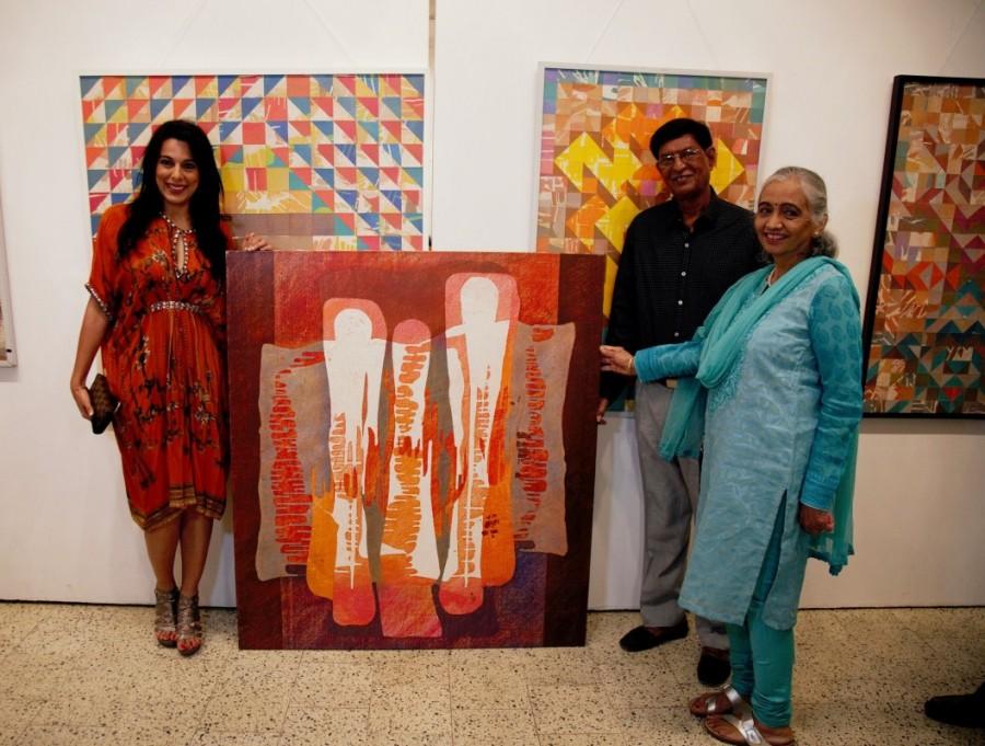 An interesting technique invented by Bendre who is incidentally also an architect and town planner by qualification, the current series are result of painstaking work. First, the artist creates his layered works on canvas. Then he cuts them and from three to four paintings, lets the triangles and squares create their own colour-co-ordinated spaces and emerge as unique forms on plywood. For, Bendre finds great excitement in communicating through the element of graphic forms, complete with negative and positive forms and spaces. Pooja Bedi,Mukesh Rishi,Raghav Rishi,Padmanabh Bendre,Timeless Space exhibition,Timeless Space exhibition pics