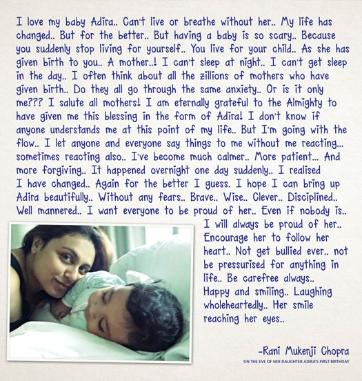 Along with the photograph, where Rani is seen posing with her daughter who is asleep, also shared a heart-warming note which mentioned that she will always encourage Adira to follow her heart. Rani Mukerji,Rani Mukerji Chopra,Rani Mukerji daughter Adira,Rani Mukerji daughter Adira pics,rani mukerji daughter adira photos,Adira,Adira pics,Adira images,baby girl Adira,Adira photos,rani mukerji daughter adira,rani mukerji adira photos