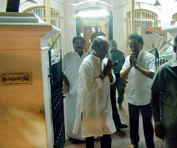 Superstar Rajinikanth met former Chief Minister of Tamil Nadu Karunanidhi at his Gopalapuram residence. Rajinikanth,Superstar Rajinikanth,Karunanidhi,Rajinikanth visits Karunanidhi,Rajinikanth meets Karunanidhi