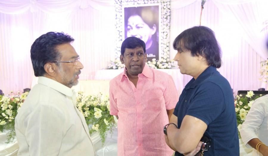 Nadigar Sangam Mourning meeting for Late CM J Jayalalithaa, Cho Ramaswamy held at Chennai. Celebs like Rajinikanth, Sivakumar, Vadivelu, Udhaya, Nandha, Pasupathy, Rohini, Vishal, Nassar, Karthi, Manobala, Ponvannan, RV Udhayakumar, Jeeva, Rajesh, Mansoor Alikhan, Aarthi, Kovai Sarala, Radha, Ambika, Rekha, Sachu, SV Sekar, Sangeetha and others paid Homage to former TN CM Late J.Jayalalitha. Rajinikanth,Sivakumar,Vadivelu,Nadigar Sangam Mourning Meeting,Nadigar Sangam Mourning,Jayalalithaa