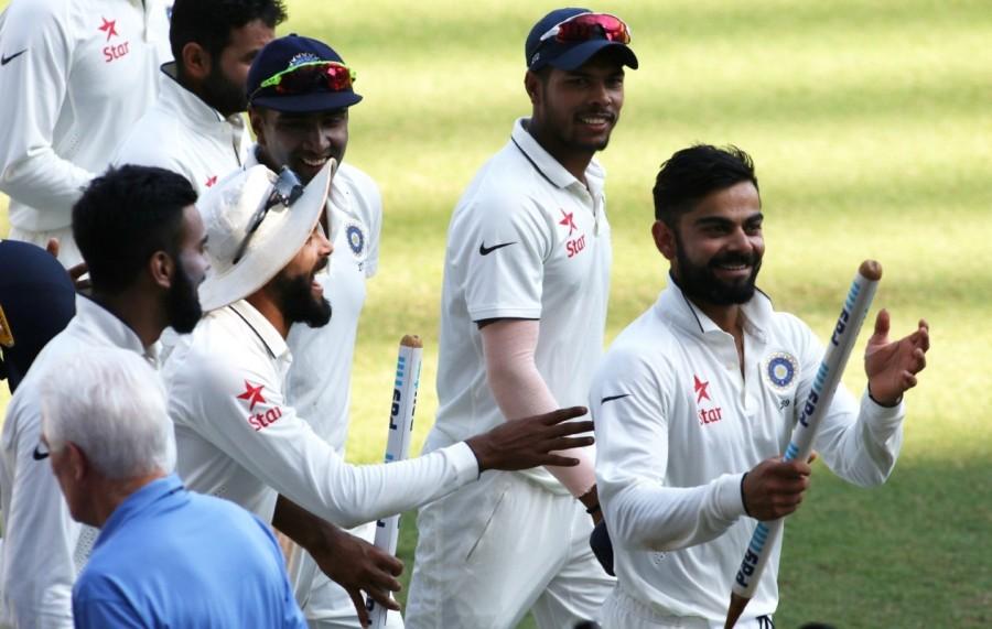 Left-arm spinner Ravindra Jadeja returned figures of 2-63 while pacer Bhuvneshwah Kumar and rookie spinner Jayant Yadav claimed a wicket each. India captain Virat Kohli, who scored a double century during India's first innings, was adjudged the Man of the Match. India thrash England,India beats England,India thrashed England,Ashwin,Ravichandran Ashwin,Virat Kohli,Kohli,India thrash England in 4th Test,India thrash England by an innings and 36 runs,India beats England 36 runs