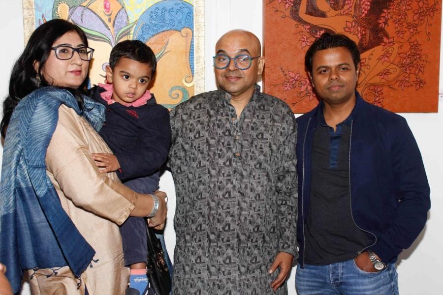 Artist Sydney Lobo with Bollywood actor Talluri Rameshwari, music composer Anandji Virji Shah, singer Sudesh Bhosle and television actor Deepak Qazir during the inauguration of art exhibition Sydney Lobo, in Mumbai, India on December 12, 2016. Talluri Rameshwari,Anandji Virji Shah,Sudesh Bhosle,Deepak Qazir,music composer Anandji Virji Shah,singer Sudesh Bhosle