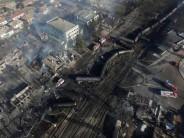 An aerial view shows the site where a cargo train derailed and exploded in the village of Hitrino, Bulgaria.