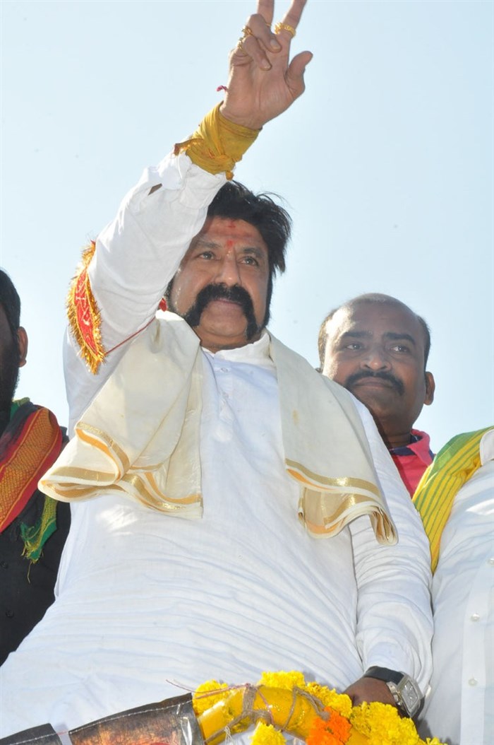 South Indian Actor Nandamuri Balakrishna at NTR statue, Karimnagar in Telangana. Nandamuri Balakrishna,NTR statue,NTR,Nandamuri Balakrishna at NTR statue,Balakrishna at NTR statue,Balakrishna visits NTR statue