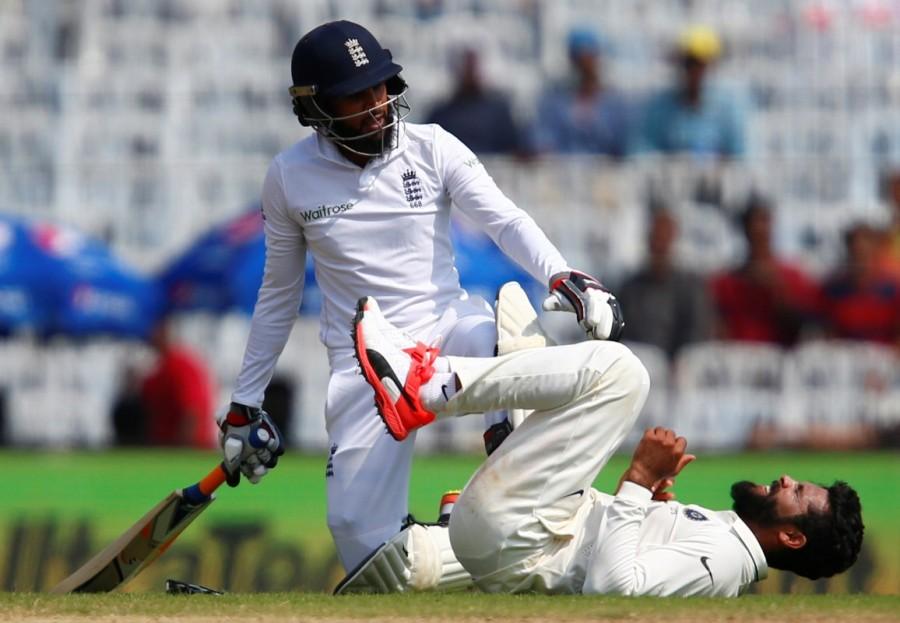 India's Ravindra Jadeja lies on ground after colliding with England's Adil Rashid. India vs England,India vs England Fifth Test,England 477 all out in first innings,Fifth Test match,Chidambaram Stadium,M.A. Chidambaram Stadium,Chennai test match