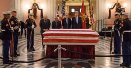 L-R; Speaker of the Ohio House of Representatives Cliff Rosenberger, NASA Administrator Charles Bolden, Ohio Gov. John Kasich, and Secretary of State John Kerry pay their respects as John Glenn lies in repose, under a United States Marine honor guard, in the Rotunda of the Ohio Statehouse in Columbus, Ohio, U.S., December 16, 2016.