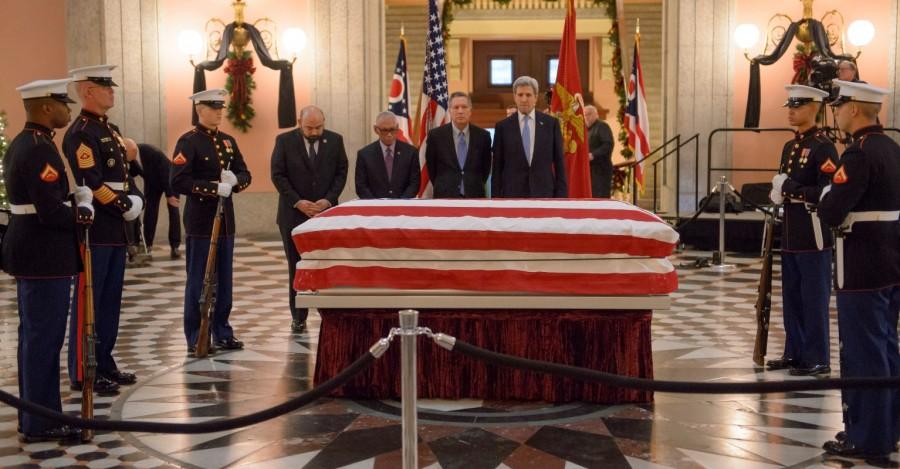 L-R; Speaker of the Ohio House of Representatives Cliff Rosenberger, NASA Administrator Charles Bolden, Ohio Gov. John Kasich, and Secretary of State John Kerry pay their respects as John Glenn lies in repose, under a United States Marine honor guard, in the Rotunda of the Ohio Statehouse in Columbus, Ohio, U.S., December 16, 2016. John Glenn,last respect John Glenn,John Glenn in Ohio,U.S. Sen. John Glenn,astronaut John Glenn,Ohio Statehouse