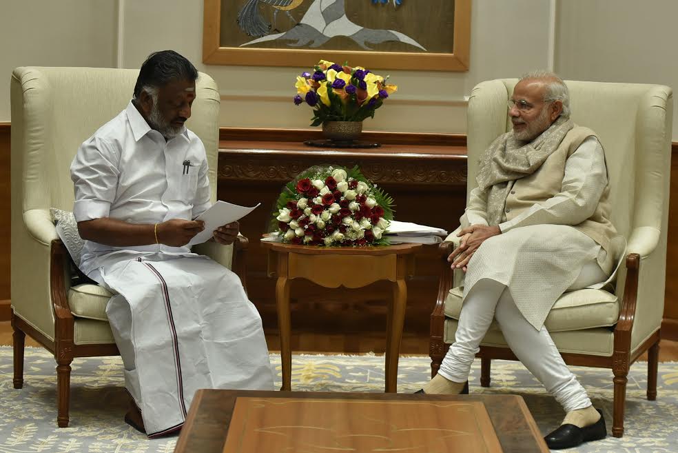 Tamil Nadu Chief Minister Ottakarathevar Panneerselvam meets Prime Minister Narendra Modi, asks for Bharat Ratna for J Jayalalithaa. Panneerselvam,O Panneerselvam,Narendra Modi,Panneerselvam meets Narendra Modi,Jayalalithaa,J Jayalalithaa,Bharat Ratna for Jayalalithaa,Bharat Ratna