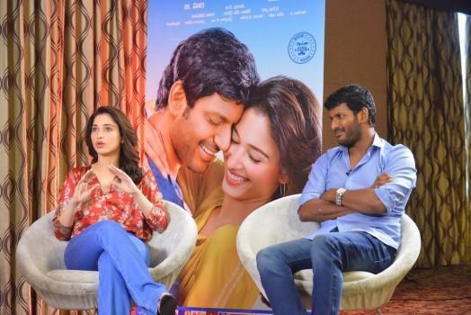 Telugu movie Okkadochadu press meet held in Hyderabad. Celebs like Actor Vishal and Actress Tamannaah Bhatia graced the event.