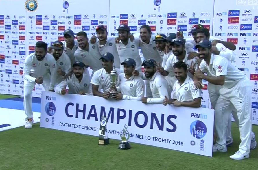 India on Tuesday clinched the five-match cricket Test rubber 4-0 after thrashing England by an innings and 75 runs in the fifth and final match at the M.A. Chidambaram Stadium here. India beat England,India beat England by innings,India thrash England,Ravindra Jadeja,Virat Kohli,Chidambaram Stadium,Chennai test,Chennai test match