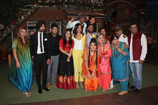 Punjabi singer Ranjit Bawa, stand-up comedian Sunil Grover, Bollywood actor Priyanka Chopra, filmmaker Karaan Guliani and Punjabi film actor Simi Chahal during the promotion of Punjabi film Sarvann on the sets of the Kapil Sharma Show in Mumbai.